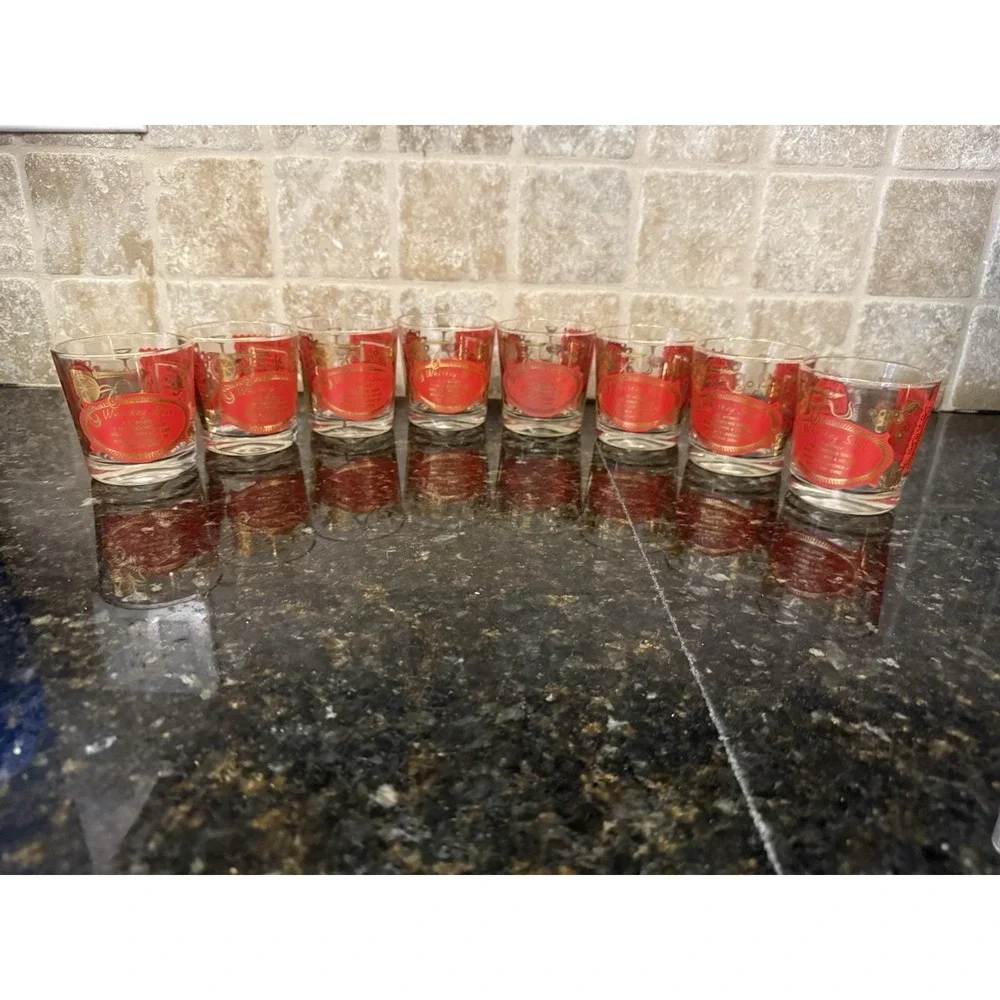 8 VTG Mid Century Modern Red Gold Whiskey Sour Old‎ Fashioned Bourbon Glasses
